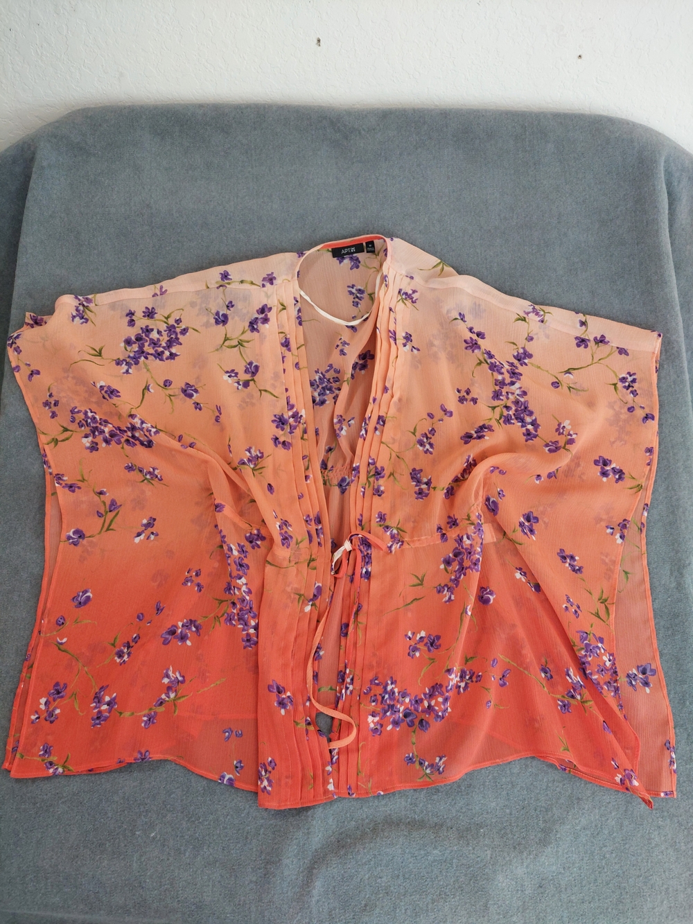 Apt. 9 Floral Ombre Sheer Kimono Wrap Coral Purple Boho Chiffon Medium - Picture 2 of 8